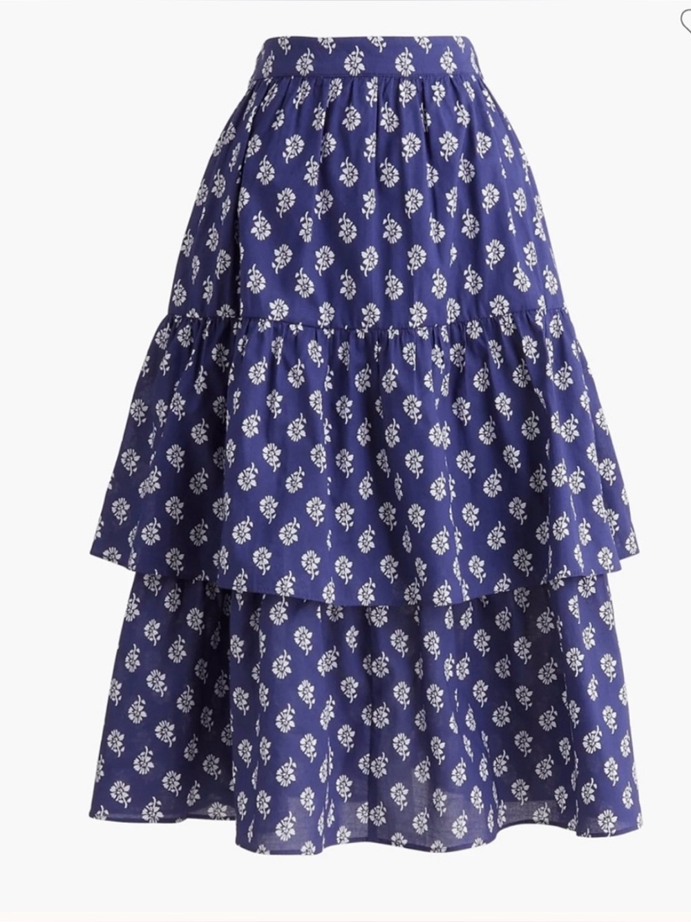 J Crew Womens Tiered Cotton Poplin Skirt Petite Small Blue Patterned Stretch #